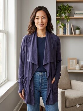 Athleta Studio Wrap Draped Open Front Cardigan Sweater Purple Size S